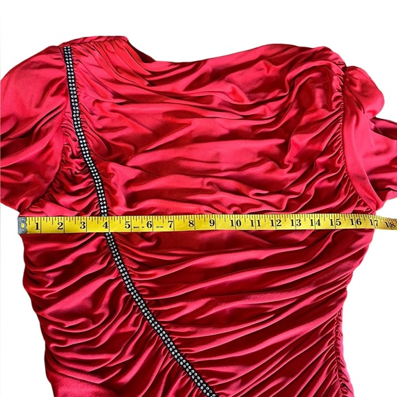 Vintage Claralura Ruched Rhinestone Red Goddess Dress Cocktail Party Made in USA - Picture 12 of 14